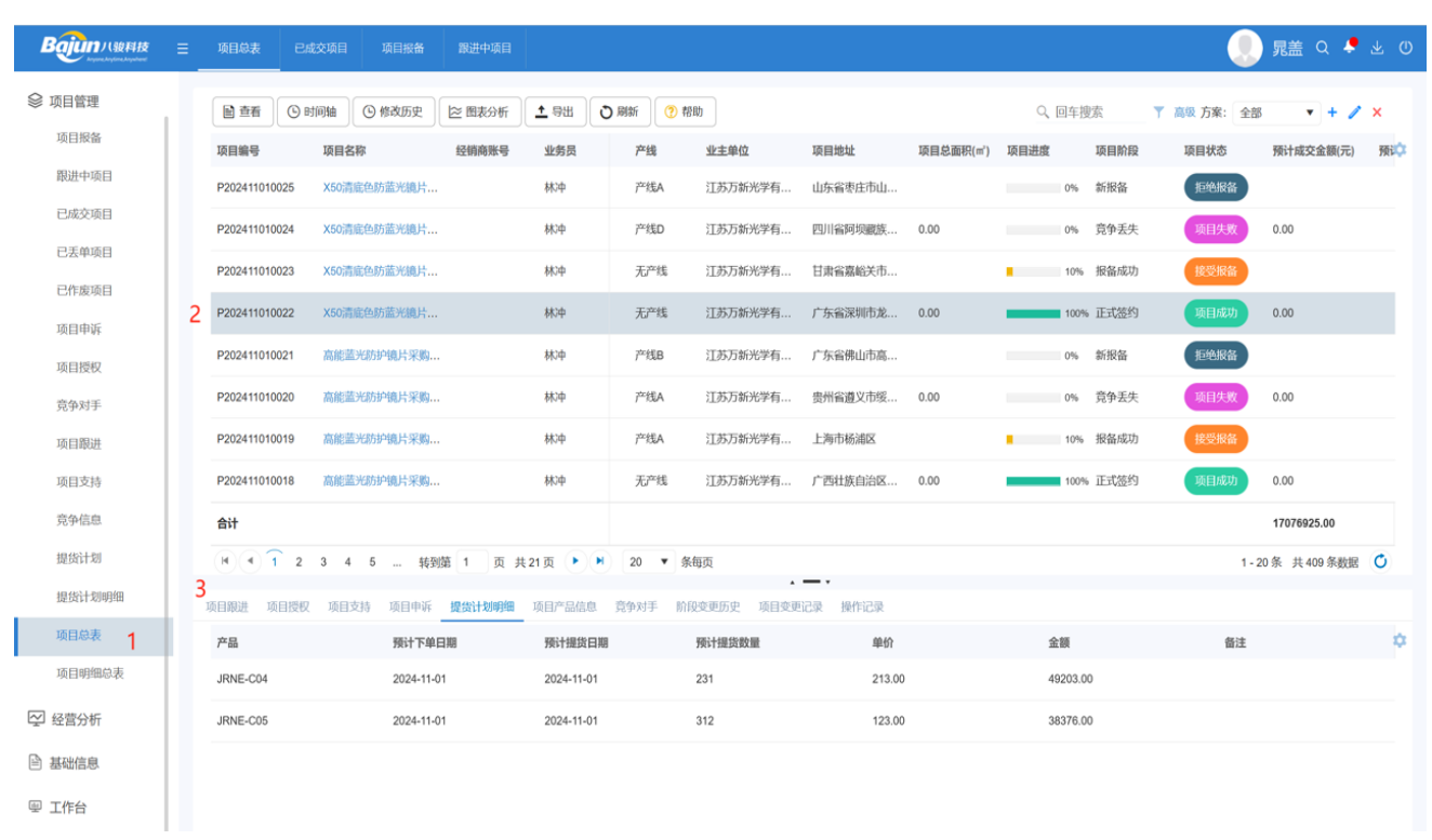△八駿項目報備系統產品截圖：項目總表（臺賬） 示例
